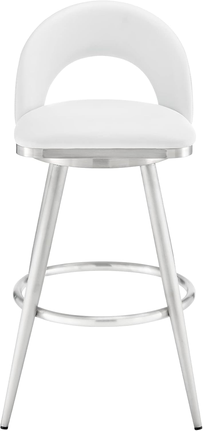 Armen Living Charlotte Swivel Bar Stool in Brushed Stainless Steel with White Faux Leather