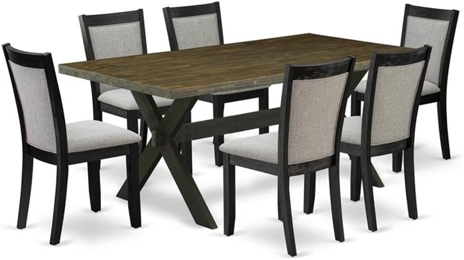 East West Furniture X677MZ606-7 7 Piece Dining Table Set Consist of a Rectangle Dining Room Table with X-Legs and 6 Shitake Linen Fabric Upholstered Parson Chairs, 40x72 Inch, Multi-Color