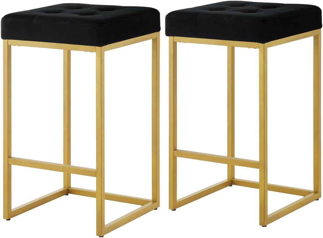24KF Contemporary Counter Height Bar Stool Set of 2 for Kitchen Island, 26" H Velvet Padded Gold Barstool Bar Chair,5066-Black