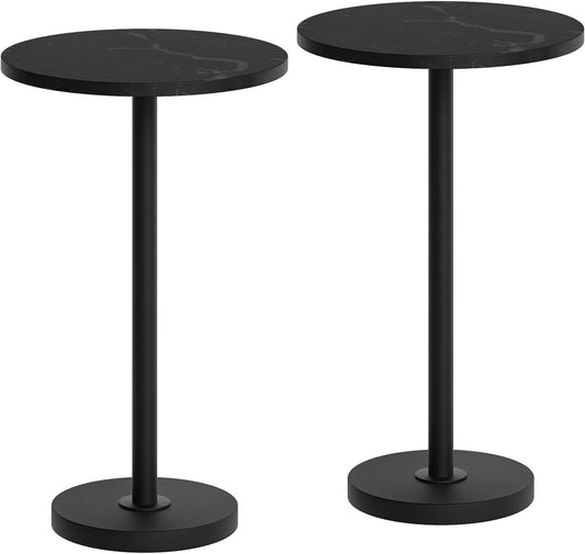 Round Side Table Set of 2, Tall Drink End Table for Small Spaces, Pedestal Style Martini Side Table in Living Room, Bedroom, Dormitory, Marble Black and Black ET30L2BM