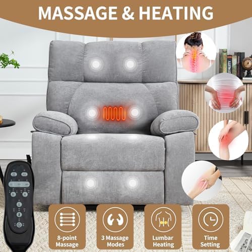 Dual Motor Power Lift Recliner Chair, 8 Positions Vibration Massage Recliner Chair, Chenille Fabric Recliner with Cup Holder, Vibration Massage and Lumbar Heating for Adults and Elderly, Grey