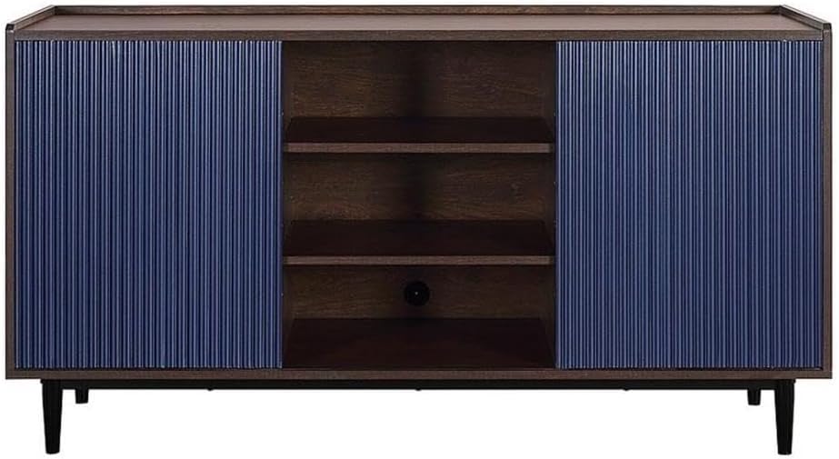 Manhattan Comfort Duane 59-Inch Ribbed Mid Century Modern Sideboard, Versatile Dining & Living Room Buffet Table with 3 Adjustable Center Shelves & 2 Side Cabinets, Navy Blue