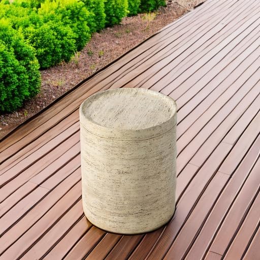 COSIEST Outdoor Side Table, Cylinder Shaped MgO Patio End Table, Lightweight Accent Table with Tray Top, Round Plant Stand Tool for Garden and Deck, Beige