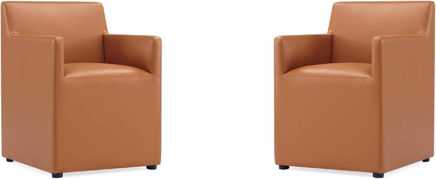 Manhattan Comfort Anna Square Modern Dining Chair with Arms, Head-to-Toe Faux Leather Upholstered Accent Armchair with Plastic Foot Padding, Set of 2, Saddle