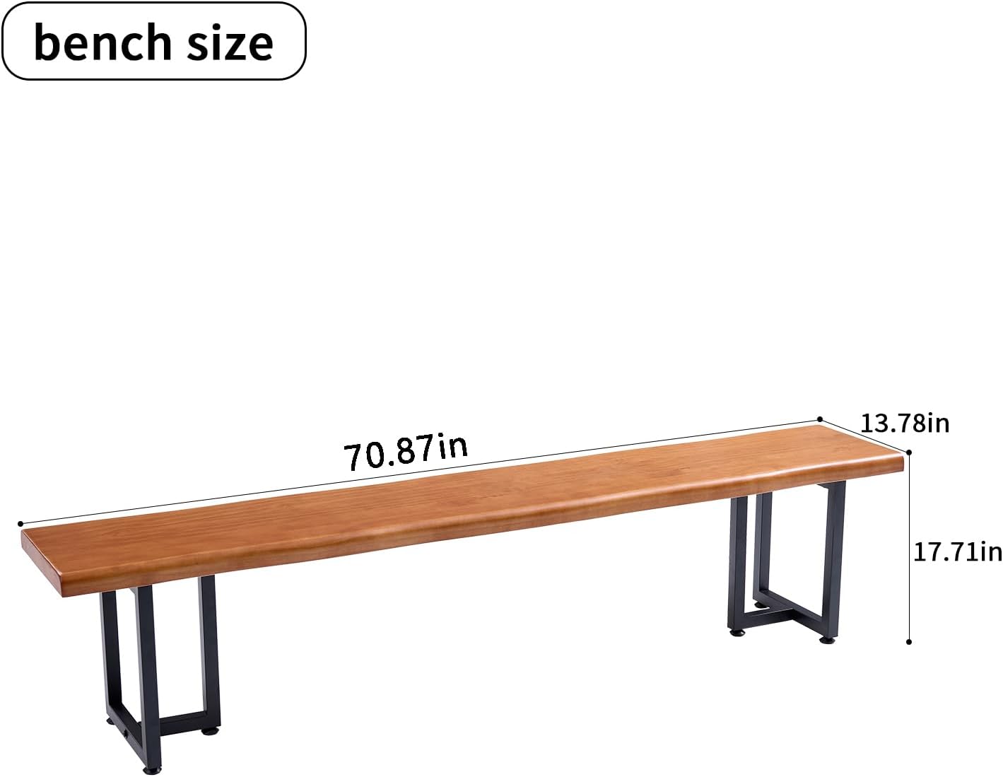 Durable Solid Wood Top Bench with Metal Triangular Legs – Stylish Long Dining Bench for Home, Office, Restaurant & Patio (Wooden Brown Bench, 70.87in)