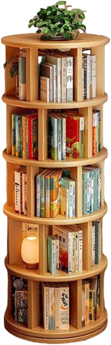 Wood Rotating Bookshelf on Wheels, 360-Degree Space Saving Bookcase, Large Capacity Spinning Bookshelf Tower for Living Room,Bedroom and Corners (Nature-5 Layers)