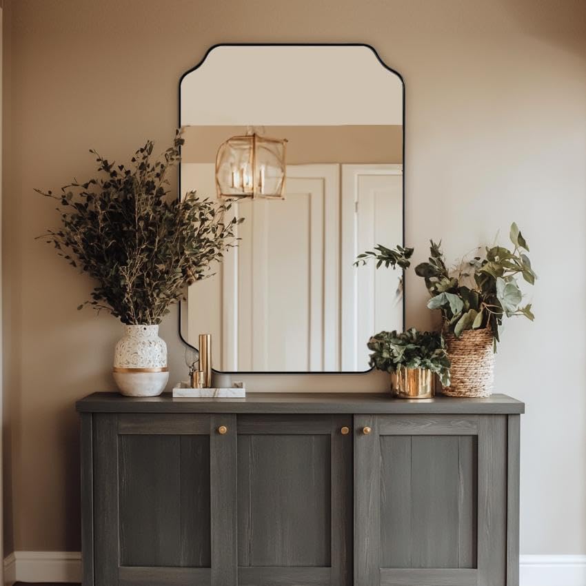 ANDY STAR Matte Black Mirror 26x38 Inch, Scalloped Wall Mirror, Unique Rectangular Bathroom Mirror in Premium Stainless Steel Metal Frame 1’’ Deep, Hangs Vertically/Horizontally