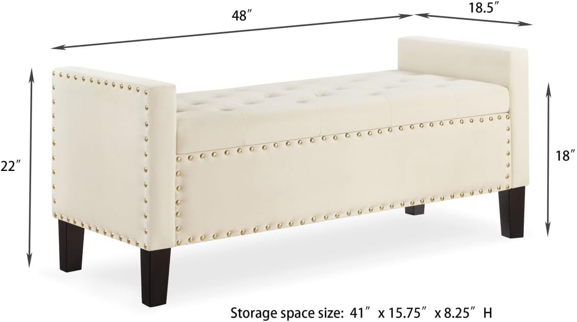 24KF Velvet Modern Upholstered Tufted Button Storage Bench with Arms for Bedroom,Entryway Living Room Soft Padded Seat-Cream