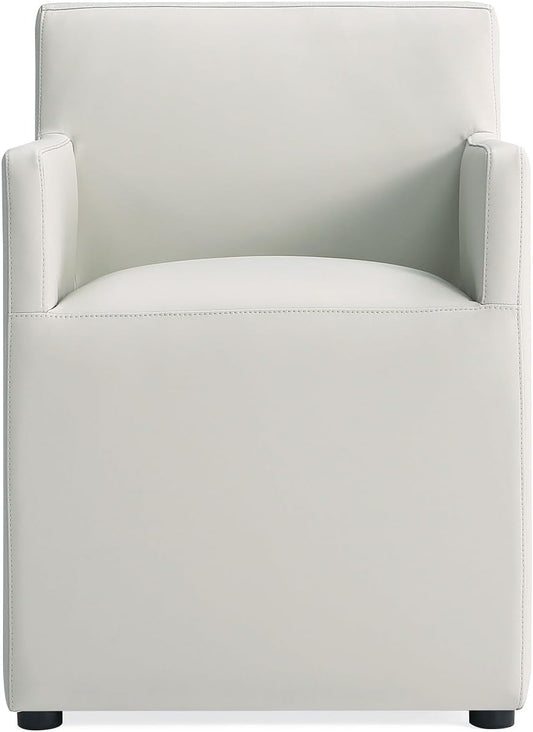 Manhattan Comfort Anna Square Modern Dining Chair with Arms, Head-to-Toe Faux Leather Upholstered Accent Armchair with Plastic Foot Padding, Set of 1, Stone Grey