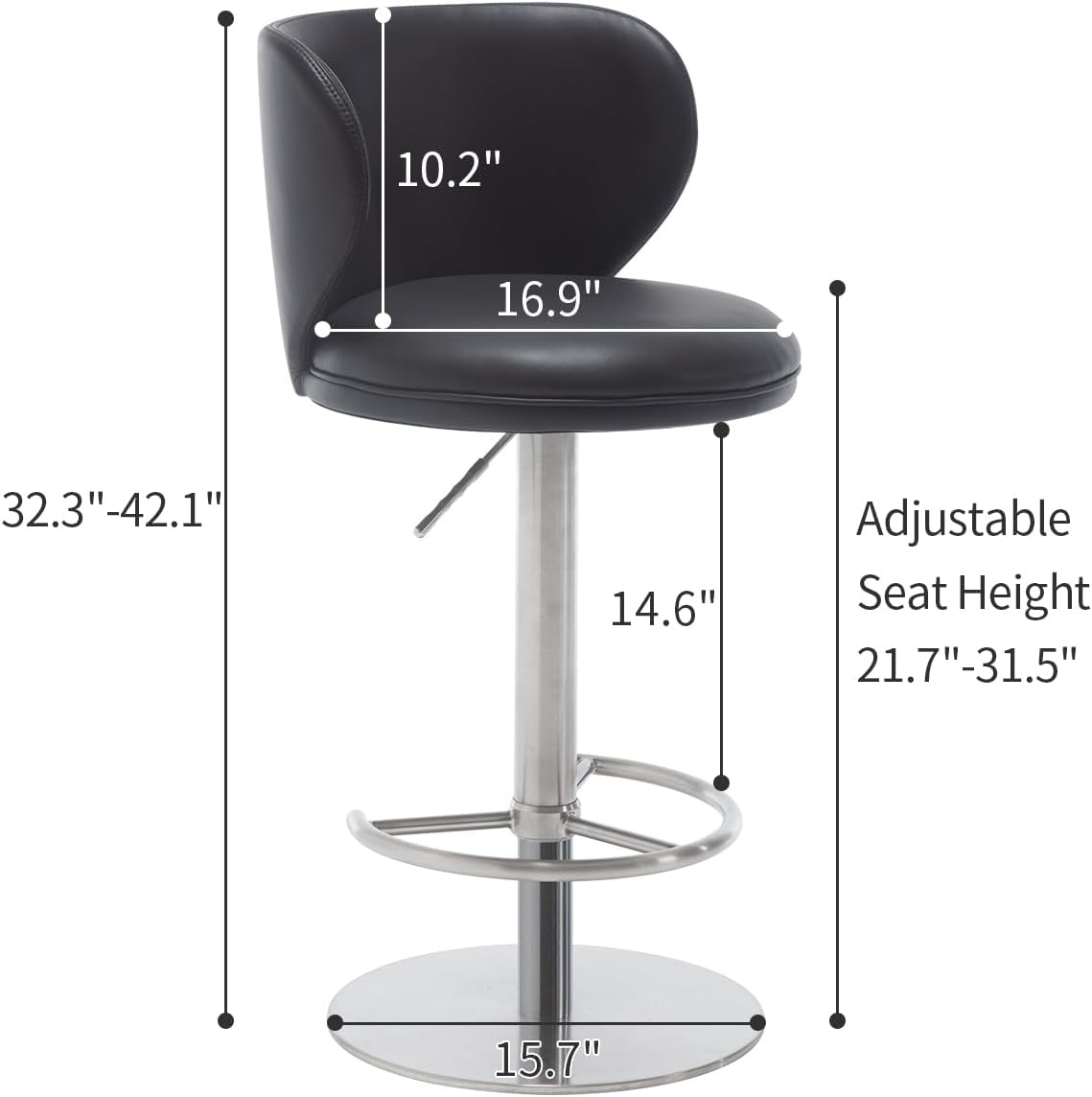 Black Titanium Stainless Steel Bar Stools,Grade Modern Leather Bar Chair with Backrest,Swivel Adjustable Height for Kitchen Counter and Dining Room (Black Leather-2pcs)