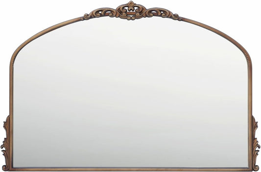 Distressed Antique Brass Wall Mirror Wide - 36x24 inch, Large Vintage Gold Fireplace Mantle Mirror, Baroque Ornate Decorative Bathroom Mirror for Over Sink