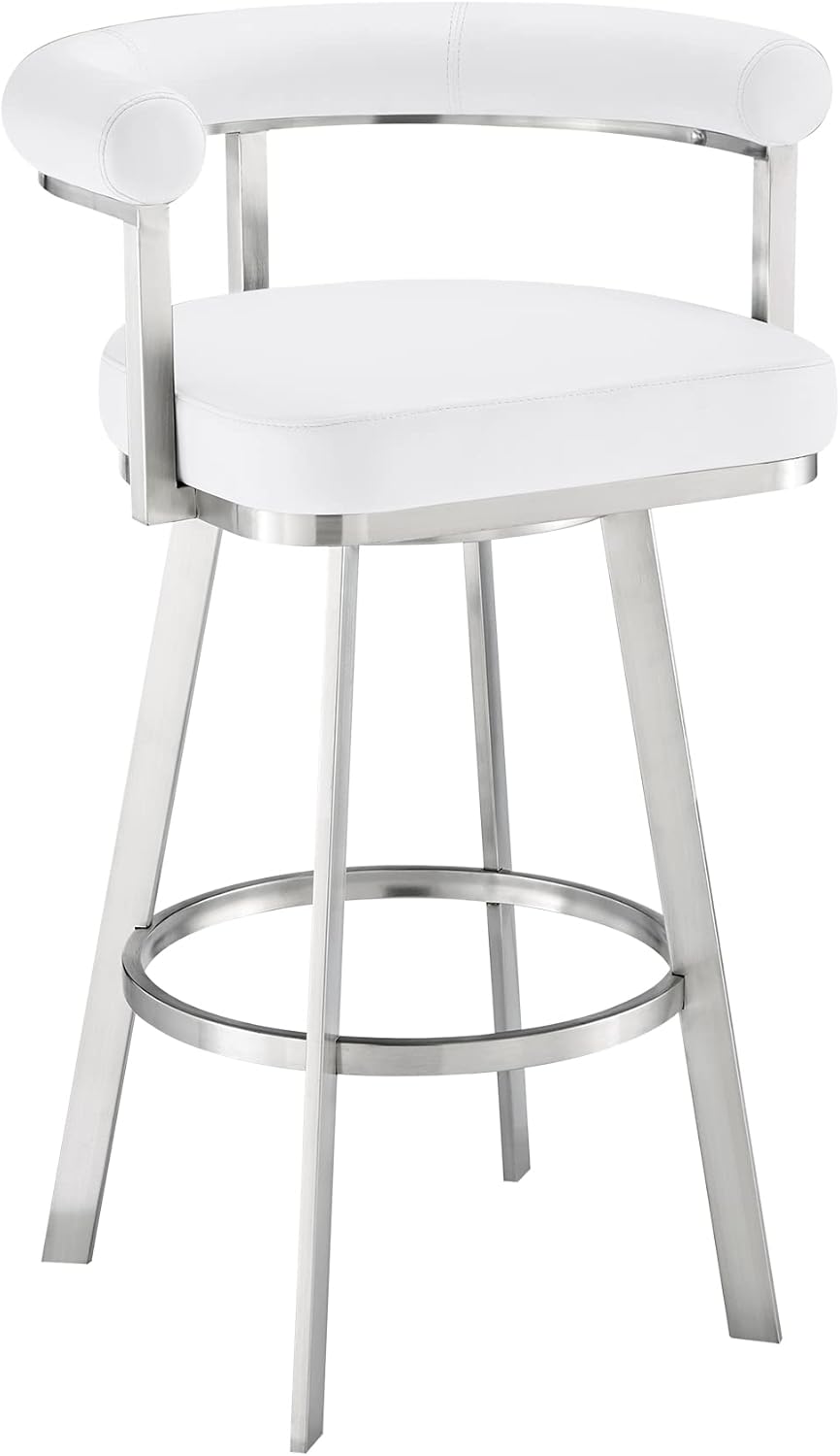 Armen Living Magnolia Swivel Counter Stool in Brushed Stainless Steel with White Faux Leather