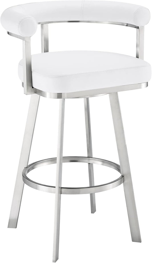 Armen Living Magnolia Swivel Counter Stool in Brushed Stainless Steel with White Faux Leather