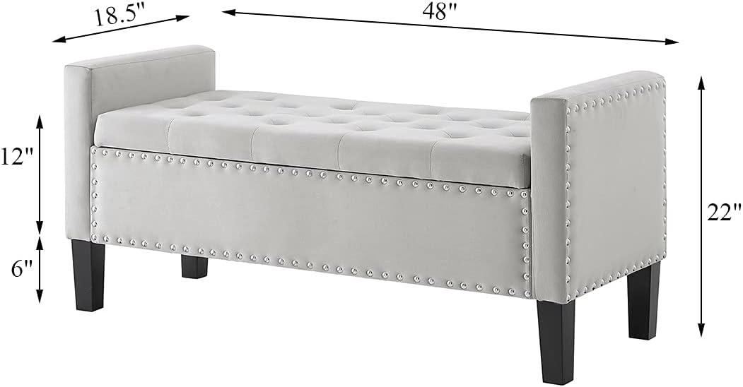 24KF Velvet Modern Upholstered Tufted Button Storage Bench with Arms for Bedroom,Entryway Living Room Soft Padded Seat -Gray