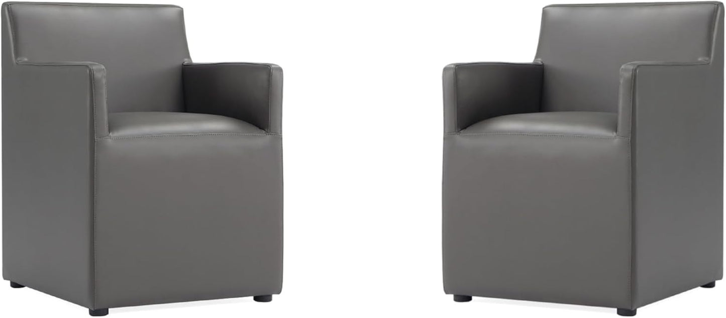 Manhattan Comfort Anna Square Modern Dining Chair with Arms, Head-to-Toe Faux Leather Upholstered Accent Armchair with Plastic Foot Padding, Set of 2, Pewter