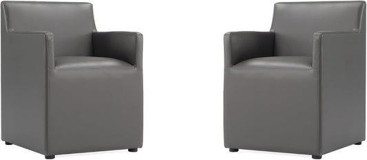Manhattan Comfort Anna Square Modern Dining Chair with Arms, Head-to-Toe Faux Leather Upholstered Accent Armchair with Plastic Foot Padding, Set of 2, Pewter