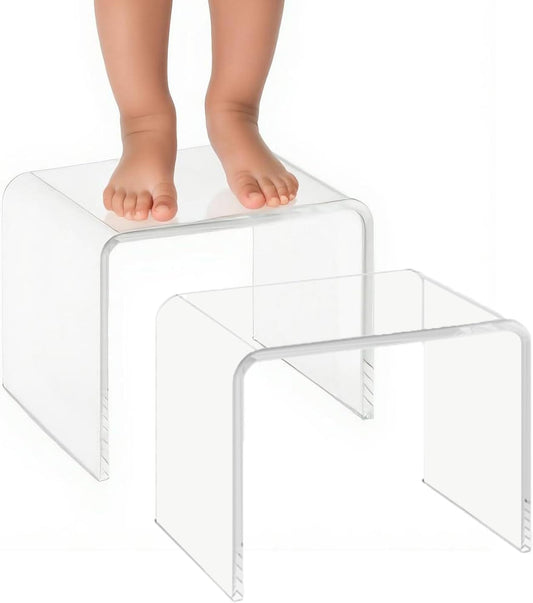 Acrylic Kids' Step Stool – Small Footstool for Bathroom, Kitchen & Bedroom, 12.5”x9.7”x9”, Holds 200lbs, Multi-Use as Toilet Stool, shower/water-resistant stool, seating and placing items (Clear-2pcs)