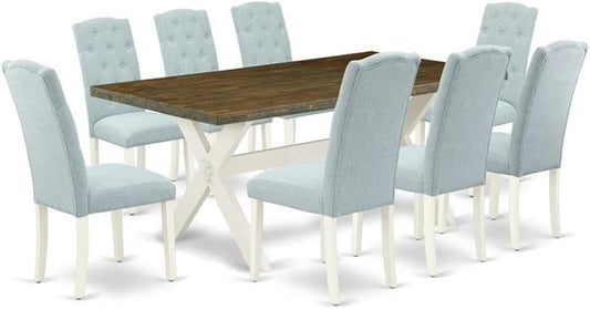 East West Furniture X077CE215-9 9 Piece Dining Room Set Includes a Rectangle Kitchen Table with X-Legs and 8 Baby Blue Linen Fabric Upholstered Parson Chairs, 40x72 Inch, Multi-Color