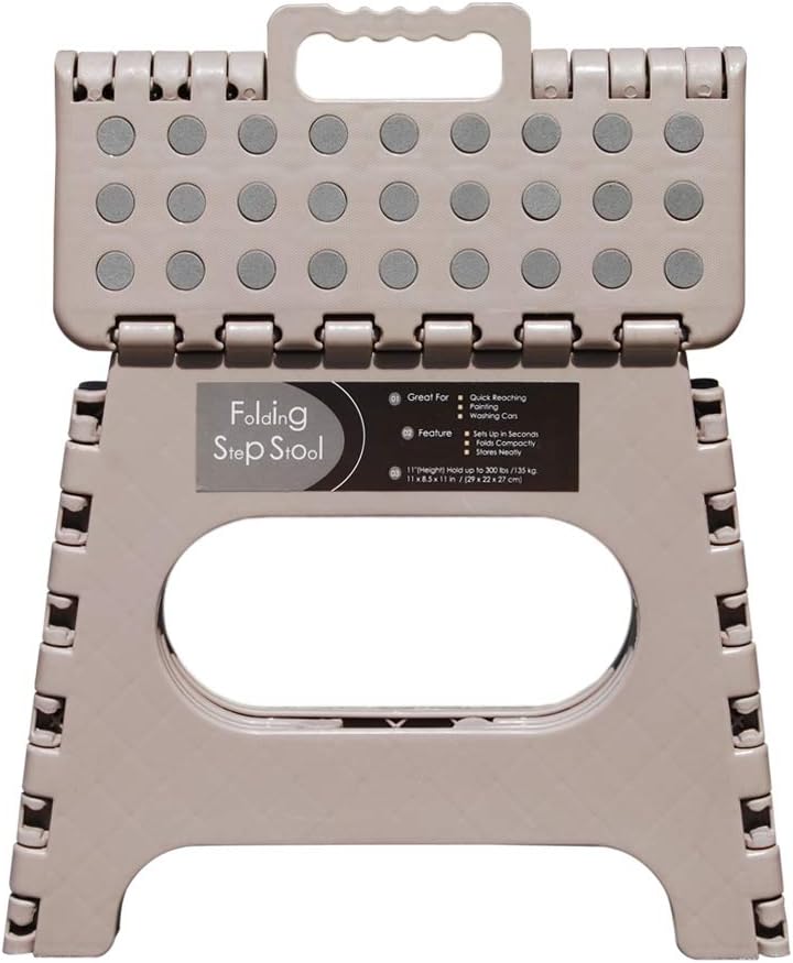 Non-Slip Folding Step Stool, Sturdy Safe Enough - Holds up to 300 Lb - 11 inch Footstool for Adults or Kids, Folding Ladder Storage/Opens Easy, for Kitchen,Toilet,Camping (Light Tan, 11'')