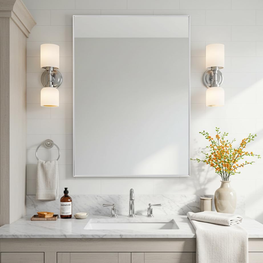 24x32 Inch Silver Bathroom Mirror - Copper-Free Mirror, Aluminum Alloy Frame Vanity Rectangle Wall Mounted Modern Mirror for Bedroom/Living Room/Porch Horizontal or Vertical