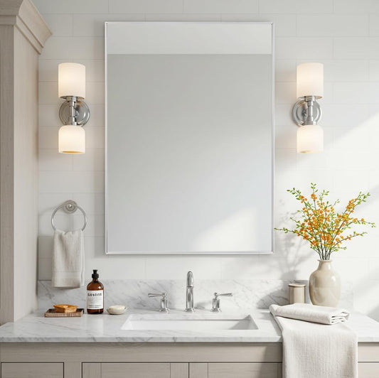 24x32 Inch Silver Bathroom Mirror - Copper-Free Mirror, Aluminum Alloy Frame Vanity Rectangle Wall Mounted Modern Mirror for Bedroom/Living Room/Porch Horizontal or Vertical