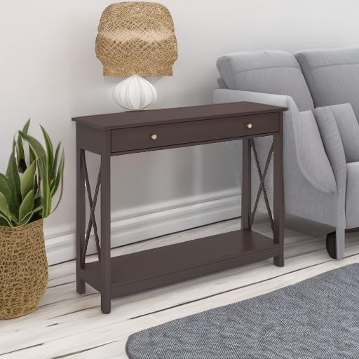 Treocho Black Console Table with Drawer and Storage Shelves, Foyer Sofa Table Narrow for Entryway, Living Room, Hallway