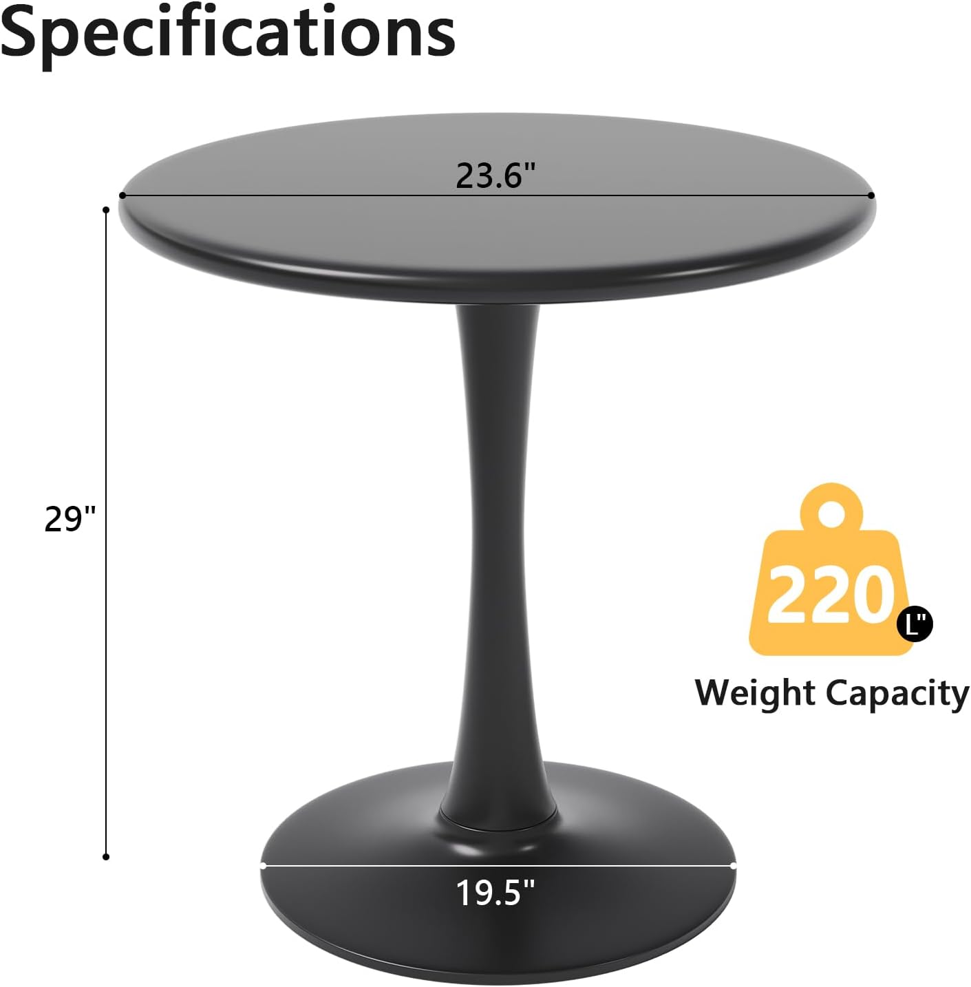 Black Small Tulip Table, 24 Inch Round Dining Table for 2 Person with Pedestal Base for Kitchen, Circle Bistro Table, Mid Century Modern Cafe Tables for Small Spaces in Living Room, Office, Pub, Bar