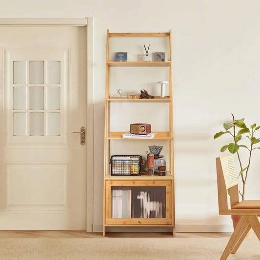 5-Tier Bamboo Ladder Bookshelf with Flip-Up Storage Cabinet - Large Capacity Mid Century Modern Bookcase, Space Saving Accent Furniture Open Display Rack Shelf for Bedroom Living Room Home Office