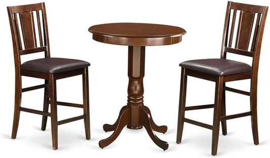 East West Furniture EDBU3-MAH-LC 3 Piece Counter Height Dining Table Set Contains a Round Wooden Table with Pedestal and 2 Faux Leather Upholstered Chairs, 30x30 Inch, Mahogany