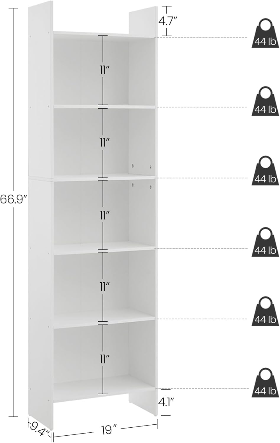 6-Tier Bookshelf, 66.9 Inches Floor Standing Bookcase, Display Storage Shelf, Corner Shelf, Home Decor Furniture for Home Office, Living Room, Bedroom, White 01103XBC