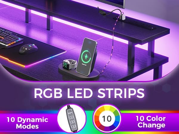 ODK 48 Inches Gaming Desk with LED Lights, Computer Desk with Monitor Stand, Pc Table with CPU Stand, Deep Black