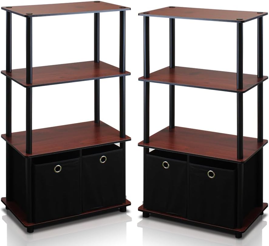 Furinno Go Green 4-Tier Multipurpose Storage Shelf with Bins, Set of 2, Dark Cherry