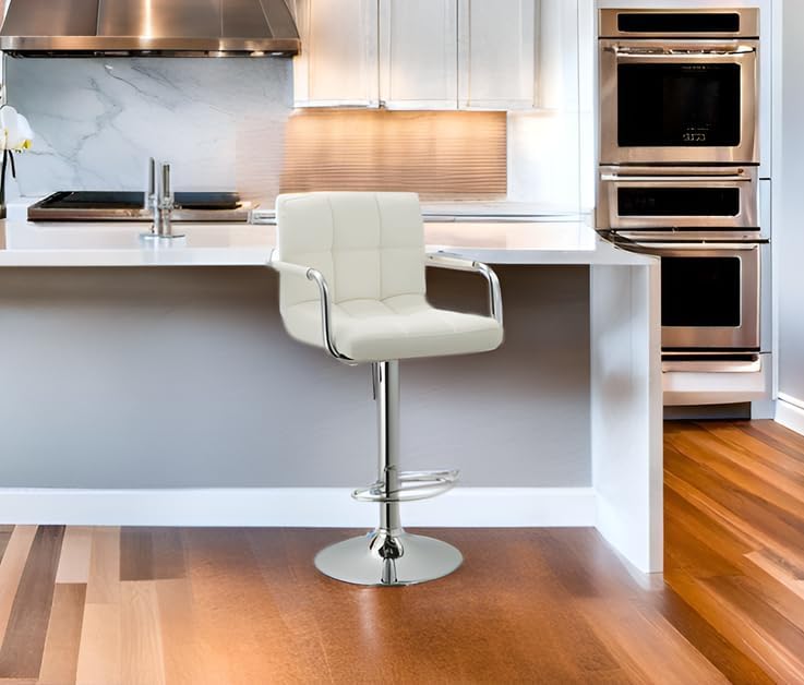 AC Pacific Contemporary Adjustable Swivel Kitchen Bar Stool Chair with Cushion and Armrest, 24"-33", White ACBS15 Daisy White Square