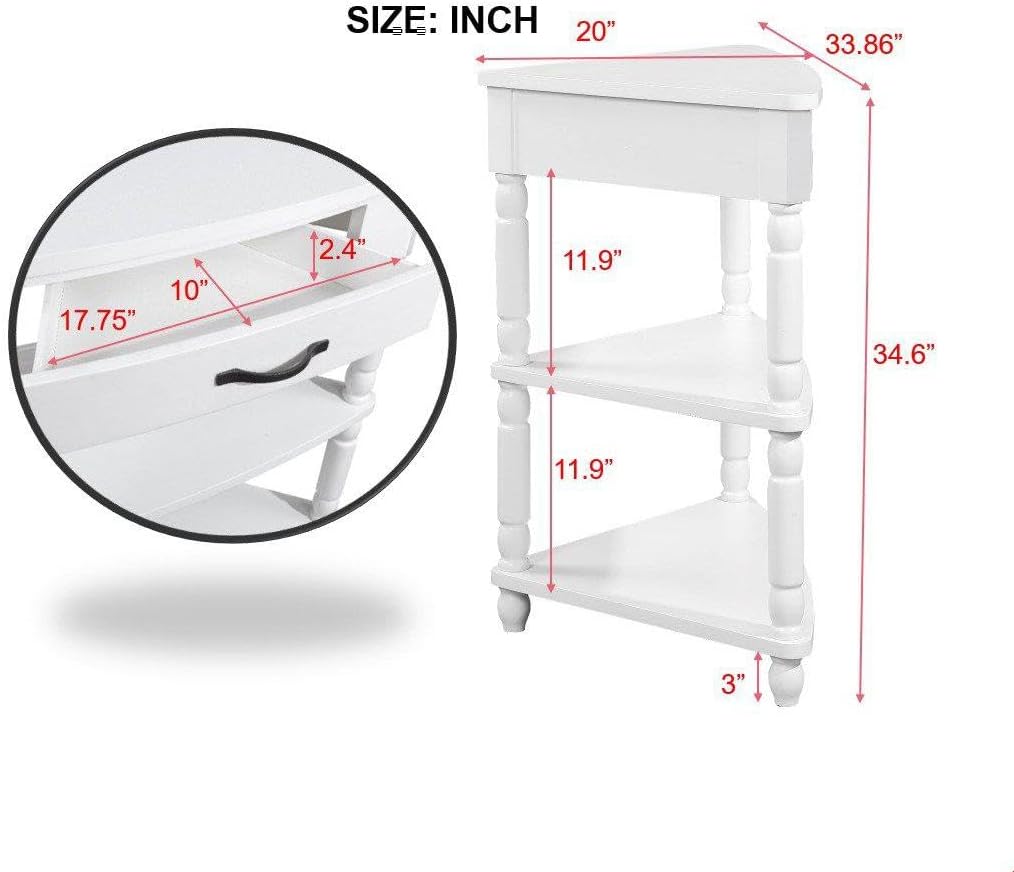 GDFStudio Trmxmbi 3 Tier Corner Console Table with 1 Storage Drawers and Shelves, 33.8'' Rustic Wood Triangle Sofa End Table for Small Spaces, Solid Wood Legs, Milk White