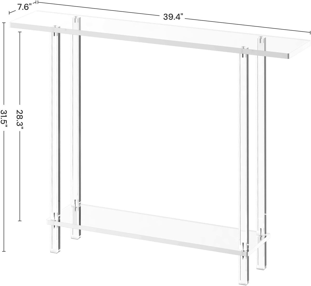 Acrylic Narrow Console Table for Entryway, 7.6" D x 39.4" W x 31.5" H, Square Legs, Skinny Entry Table for Sofa, Foyer, Hallway, Living Room, Modern, 2-Tier, Clear