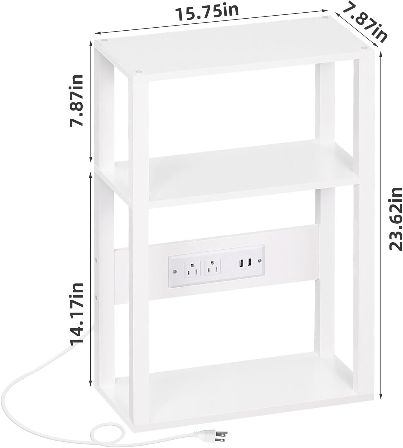 3-Tier Small Narrow Wood Side Table Set of 2 with Charging Station - Skinny Nightstand for Small Spaces, Slim Bedside Table with USB Ports and Outlets - Thin End Table with Storage, White