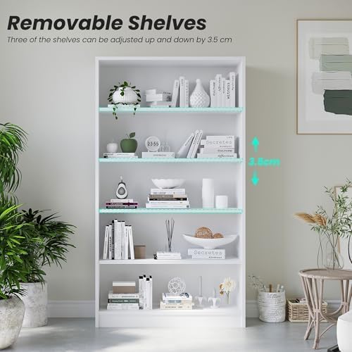 Bookshelf, 5 Wooden Book Shelf Bookcase with Freestanding Display Storage, Open Modern Bookshelf for Bedroom, Living Room, Dinning Room, Office, 60Inch, White