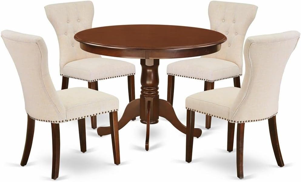 East West Furniture HLGA5-MAH-32 5 Piece Dining Room Furniture Set Includes a Round Dining Table with Pedestal and 4 Light Beige Linen Fabric Parsons Chairs, 42x42 Inch, Mahogany