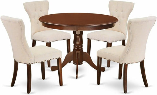 East West Furniture HLGA5-MAH-32 5 Piece Dining Room Furniture Set Includes a Round Dining Table with Pedestal and 4 Light Beige Linen Fabric Parsons Chairs, 42x42 Inch, Mahogany