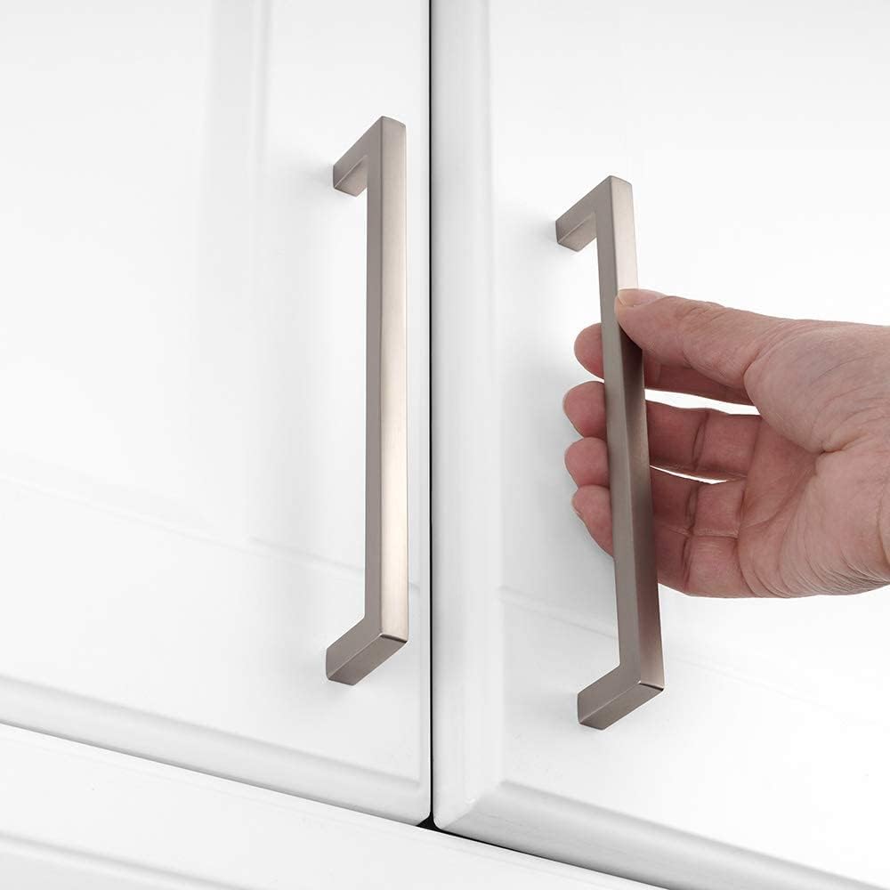 KOOFIZO Solid Square Bar Cabinet Handle - Brushed Nickel Furniture Pull, 6.3 Inch/160mm Screwhole Distance, 10-Pack for Kitchen Cupboard Door, Bedroom Dresser Drawer, Bathroom Wardrobe Hardware