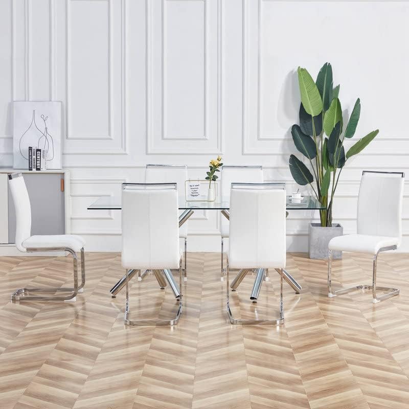 Dining Chairs Set, Kitchen Modern Metal Chairs with Faux Leather Padded Seat High Back and Sturdy Chrome Legs, Chairs for Dining Room (White-1, Set of 4)