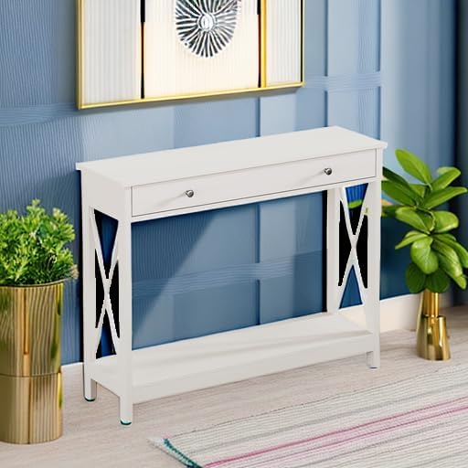 Treocho White Console Table with Drawer and Storage Shelves, Foyer Sofa Table Narrow for Entryway, Living Room, Hallway
