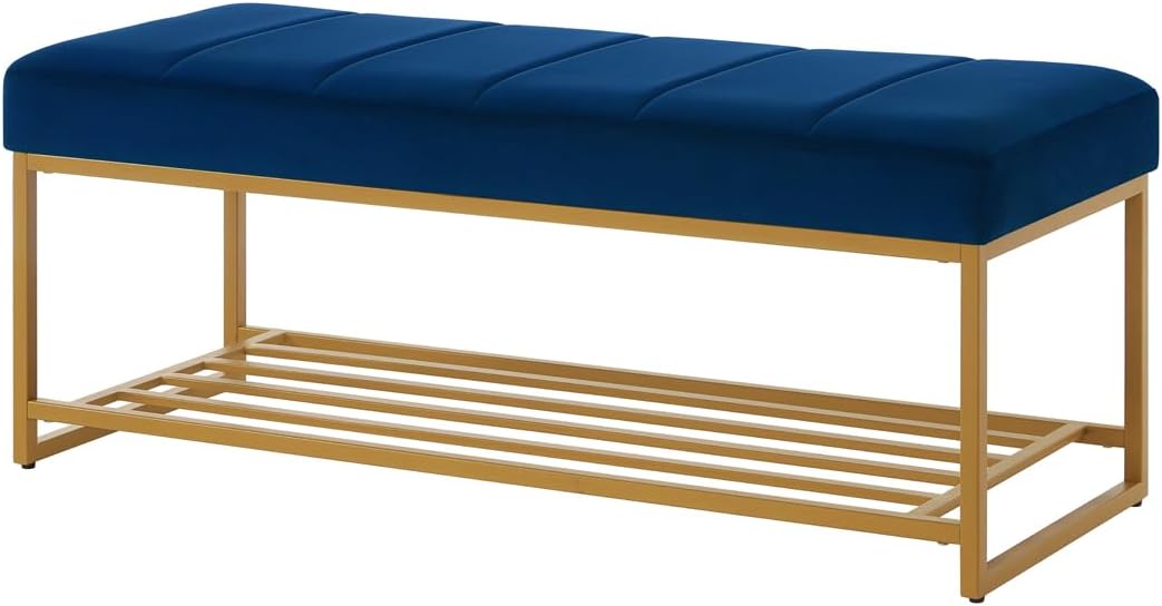 24KF Navy Velvet Upholstered End of Bed Bench with Metal Shelf, Modern Tufted Channel Entryway Bench Footboard Bench for Living Room, Bedroom, Gold Bench,5036-Navy