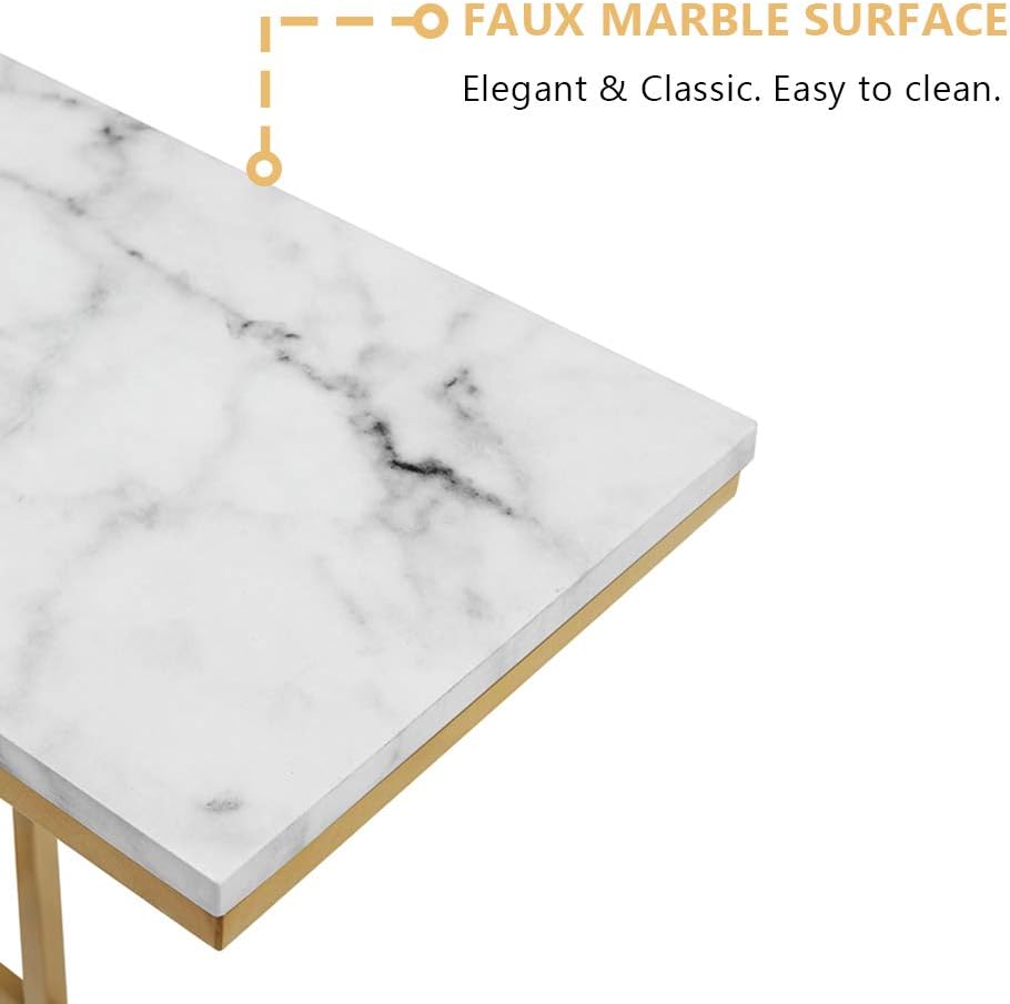 C-Shape Side End Table, Faux Marble Tray Snack Table with Metal Frame, Laptop Coffee Holder, Modern Furniture (Gold,1pcs)