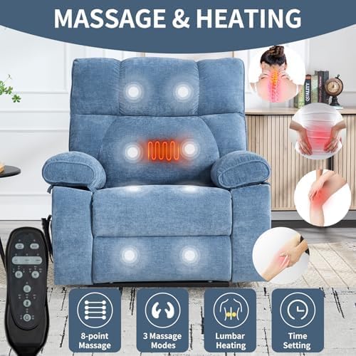 Dual Motor Power Lift Recliner Chair, 8 Positions Vibration Massage Recliner Chair, Chenille Fabric Recliner with Cup Holder, Vibration Massage and Lumbar Heating for Adults and Elderly, Blue