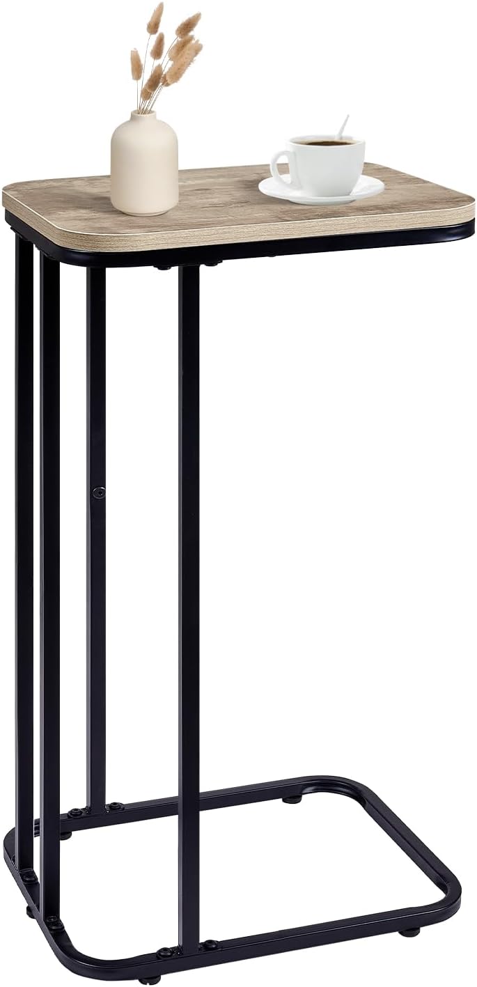 C Shaped End Table, 27 Inches High Small Side Table for Sofa and Bed, Couch Table That Slides Under, Tall Tv Tray Table for Living Room, Bedroom, Metal Frame, Greige & Black