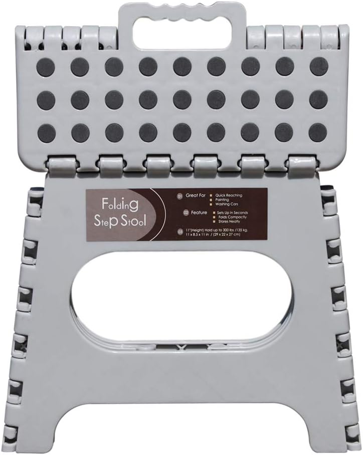 Non-Slip Folding Step Stool, Sturdy Safe Enough - Holds up to 300 Lb - 11 inch Footstool for Adults or Kids, Folding Ladder Storage/Opens Easy, for Kitchen,Toilet,Camping (Light Grey, 11'')