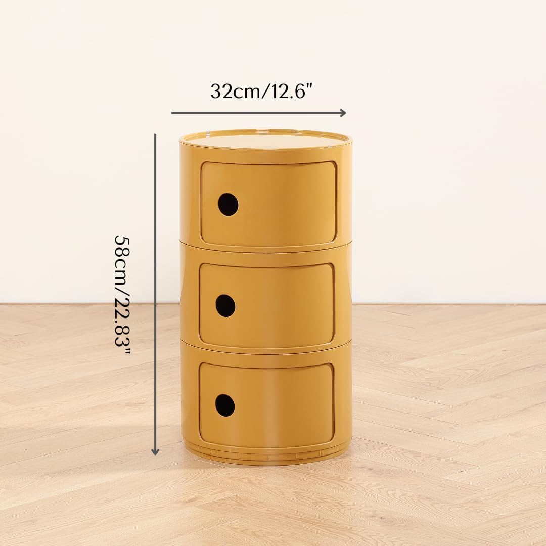 COZYMATIC 3 Tier Round Nightstand with Storage, Modern Style Side Table, Small Cupboard Cabinet with 3 Drawers for Living Room, Bedroom, Bathroom, Narrow Space, Yellow, Pink (Yellow)