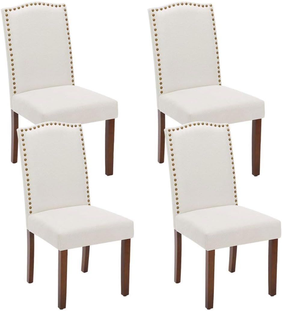 Kitchen Chairs Set of 4 Modern Upholstered Fabric Seat with Nailhead Trim and Ergonomic Lumbar Support for Living Room and Rustic Farmhouse Dining Area, Beige