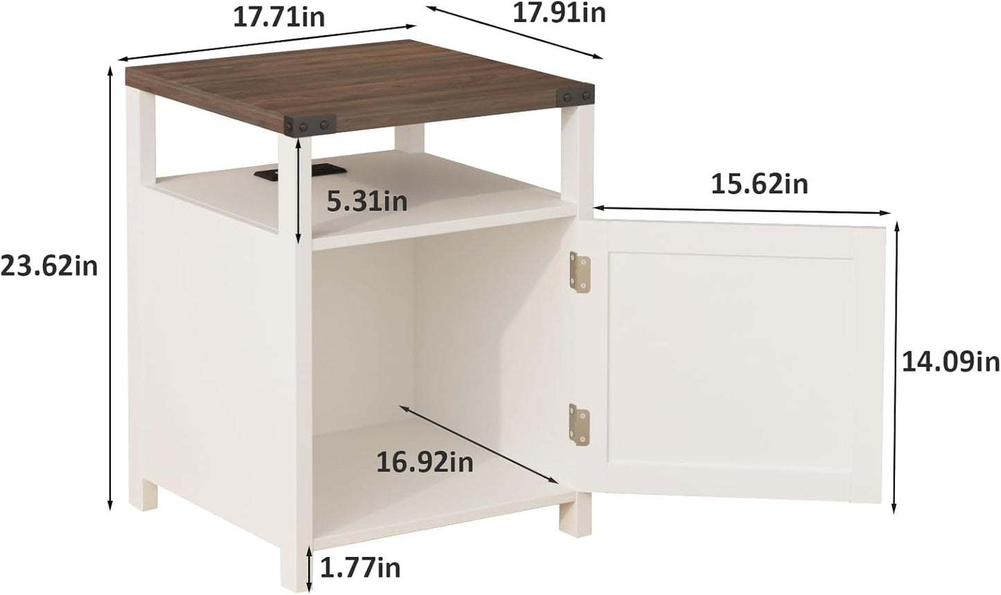 Farmhouse Nightstand Set of 2 with Charging Station, Rustic End Table Bedroom with Storage Living Room Side Table White Night Stand Industrial Bedside Bed Table with USB Ports and Outlets